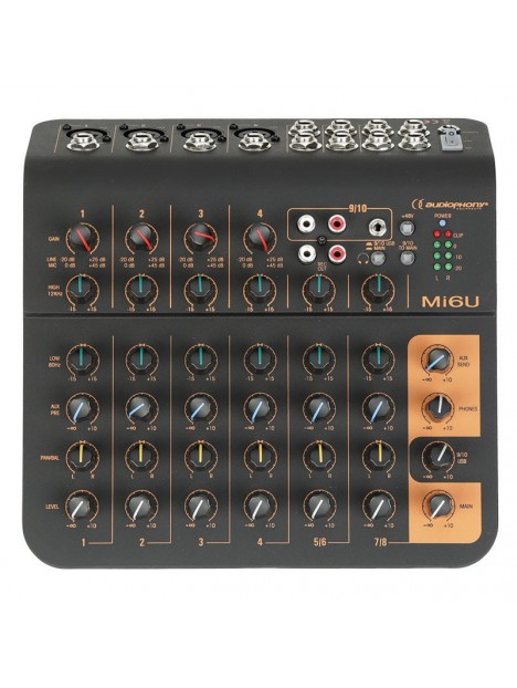 Audiophony - Mi6U Mixer 6 canaux, 4 microphone, 2 stéréo, 1 Aux et port USB - 10911